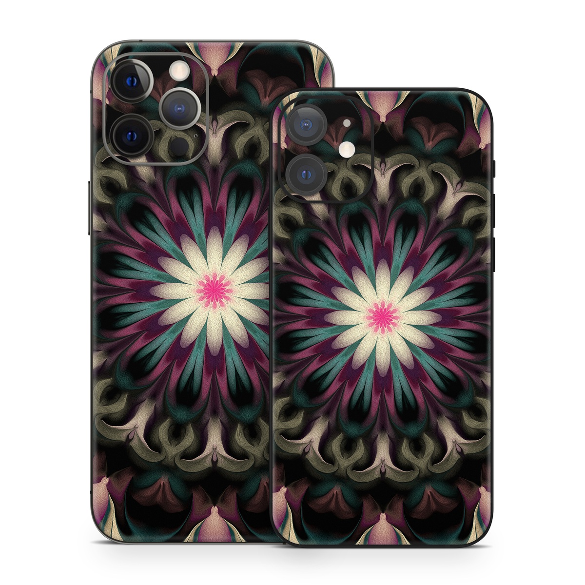 iPhone 12 Series Skin design of Fractal art, Pattern, Pink, Psychedelic art, Art, Kaleidoscope, Design, Symmetry, Visual arts, Textile, with black, purple, white, green, blue colors