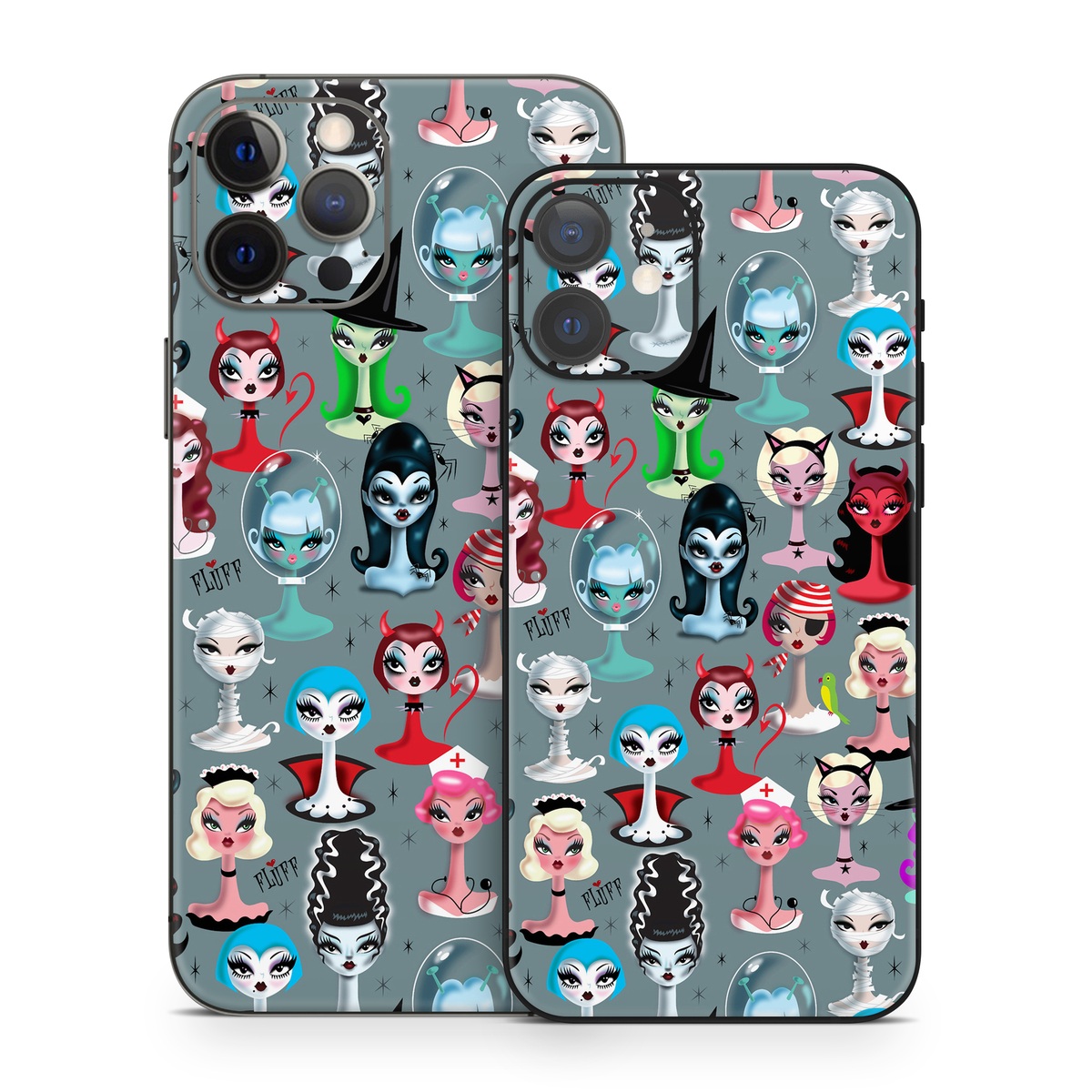 iPhone 12 Series Skin design of Facial expression, Head, Design, Collection, Fictional character, Pattern, Skull, Illustration, Collage, Style, with gray, white, red, blue, green, black, pink, purple colors