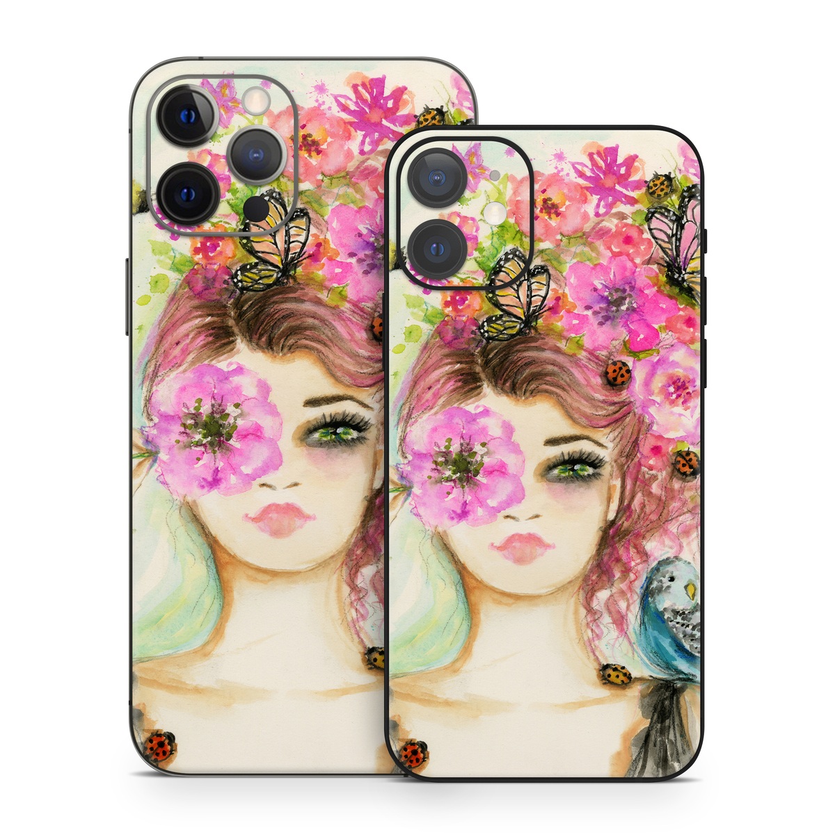 iPhone 12 Series Skin design of Face, Watercolor paint, Illustration, Pink, Head, Fashion illustration, Beauty, Art, Cheek, Painting, with white, pink, green, blue, yellow, red, brown colors