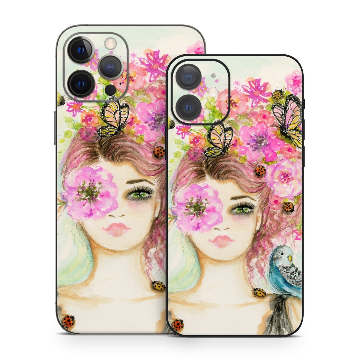 iPhone 12 Series Skin design of Pink, Illustration, Fashion illustration, Watercolor paint, Fictional character, Dress, Hair accessory, Wildflower, Costume, Plant, with blue, pink, yellow, orange, purple, brown, green colors