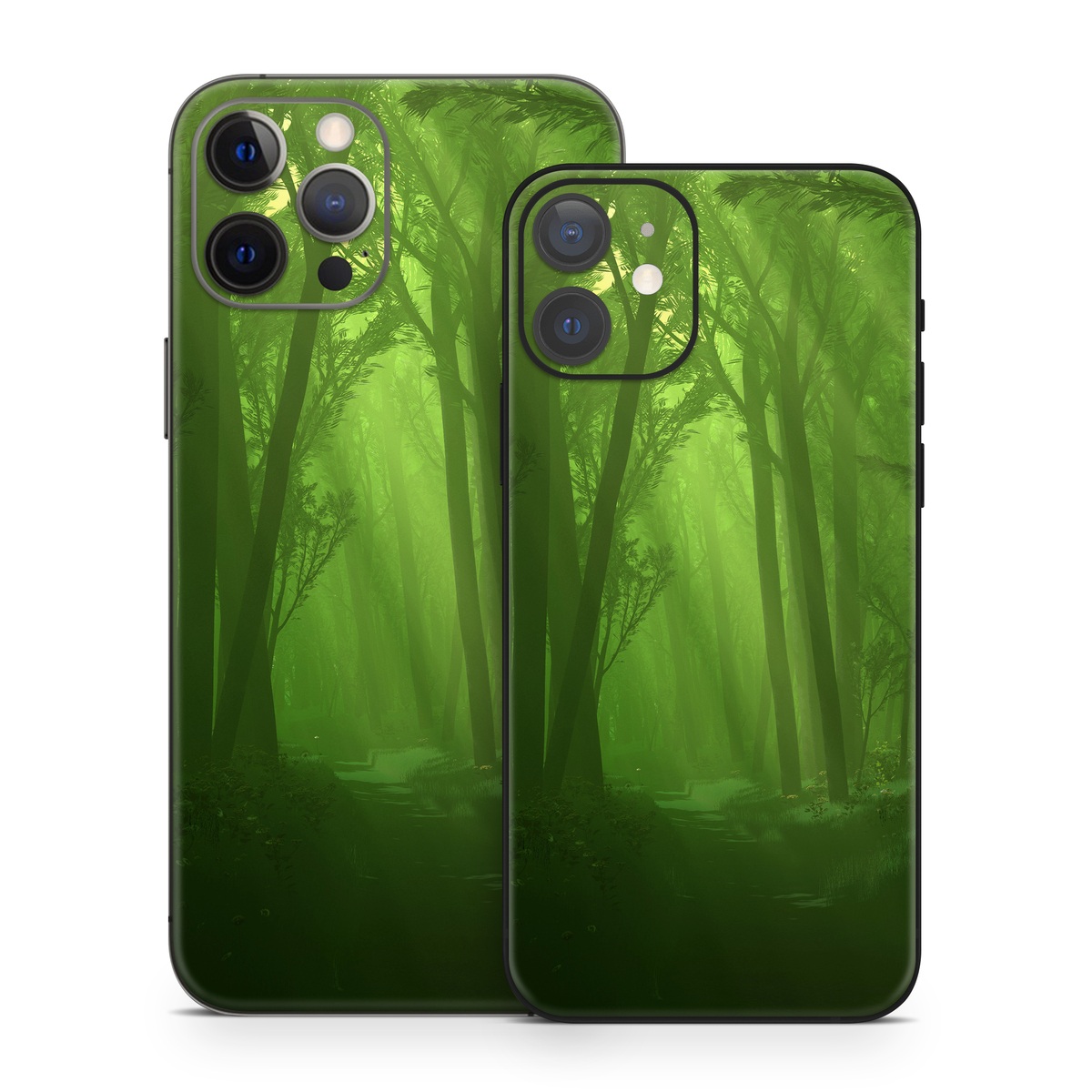 iPhone 12 Series Skin design of Nature, Green, Forest, Old-growth forest, Woodland, Natural environment, Vegetation, Tree, Natural landscape, Atmospheric phenomenon, with black, green colors