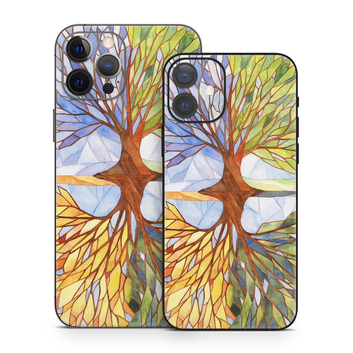 iPhone 12 Series Skin design of Leaf, Tree, Botany, Plant, Symmetry, Art, Pattern, Painting, Plant stem, Plane, with blue, brown, orange, yellow, red, purple colors