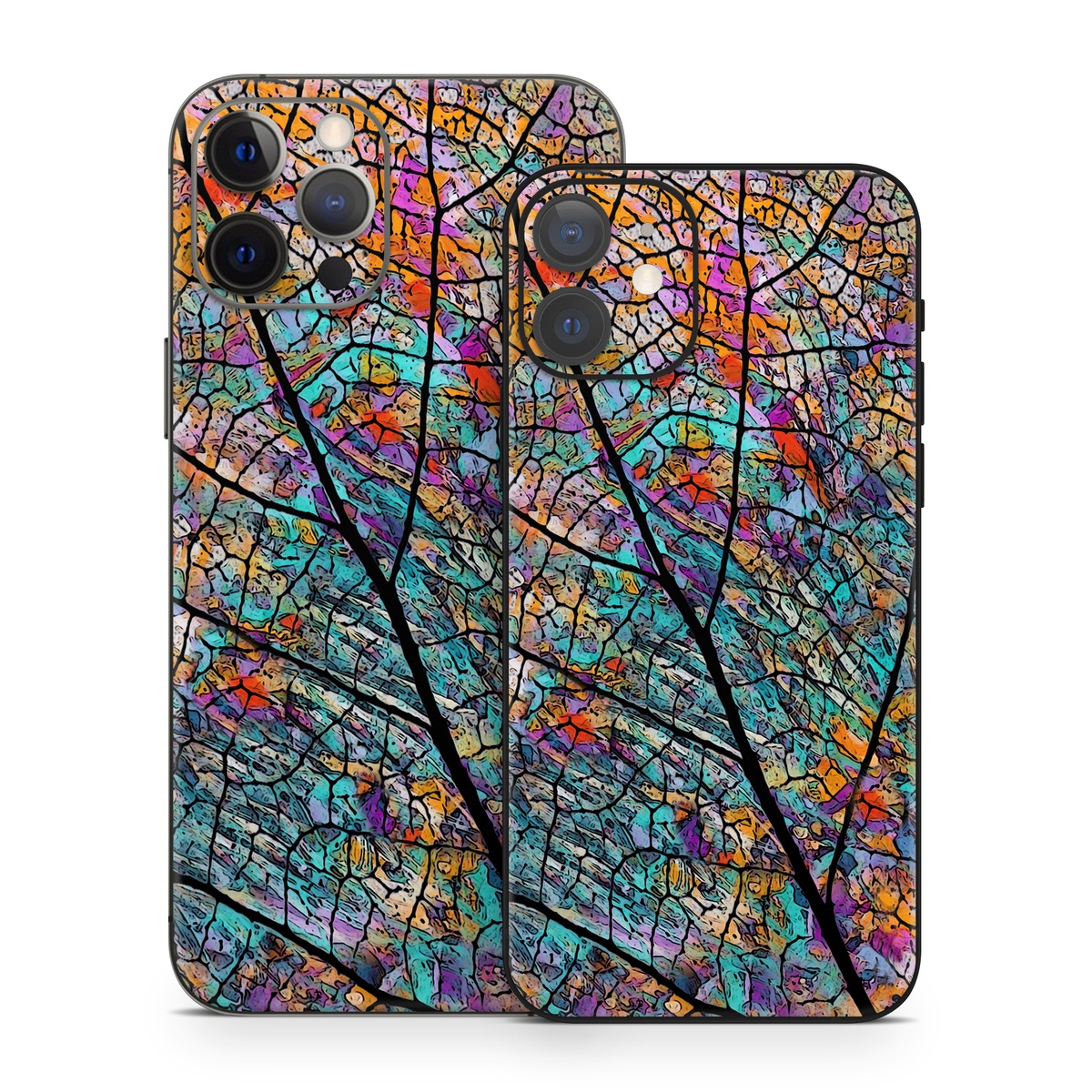 iPhone 12 Series Skin design of Pattern, Colorfulness, Line, Branch, Tree, Leaf, Design, Visual arts, Glass, Plant, with black, gray, red, blue, green colors
