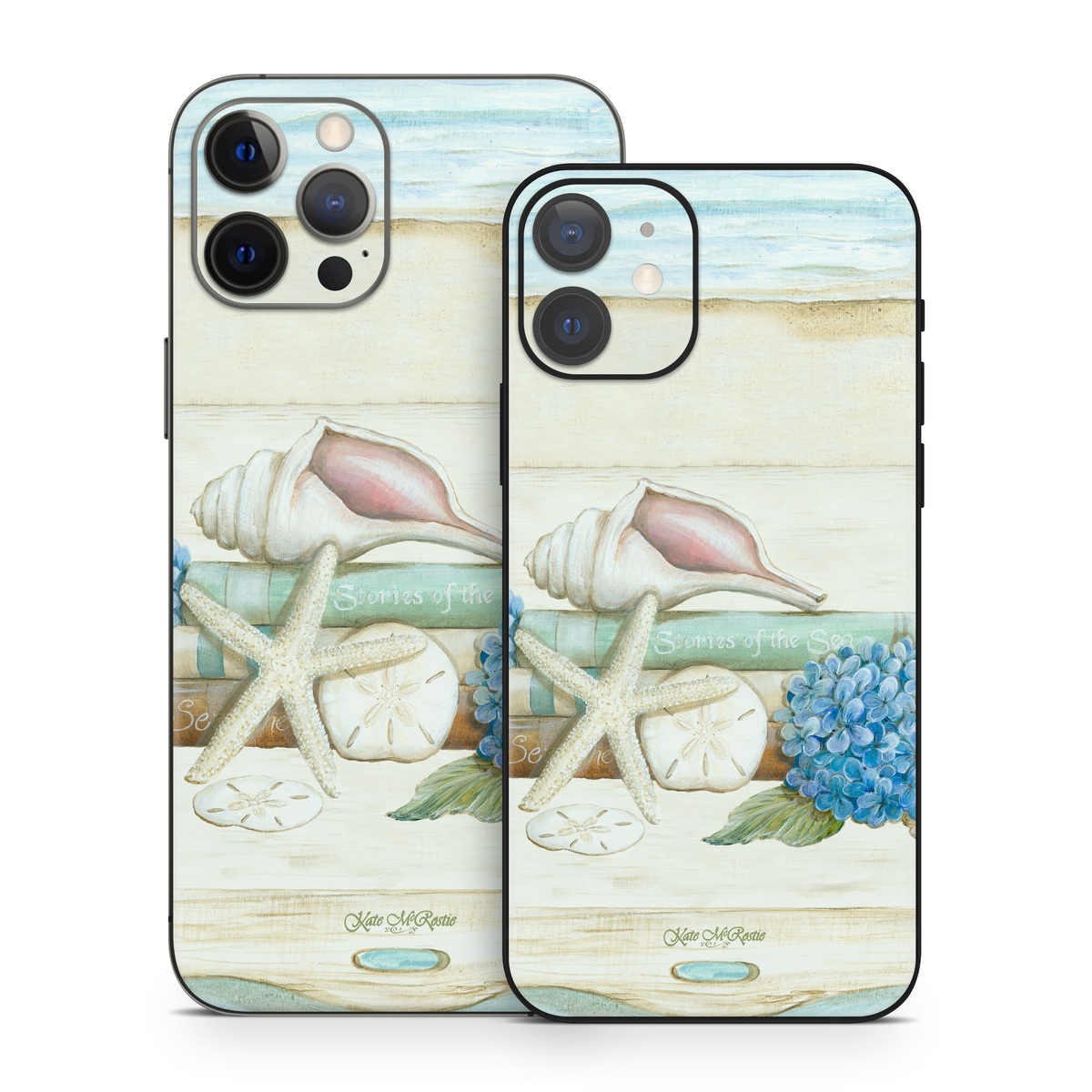 iPhone 12 Series Skin design of Starfish, Shell, Hydrangea, Plant, Flower, Still life, Echinoderm, Cornales, with gray, green, blue, yellow colors