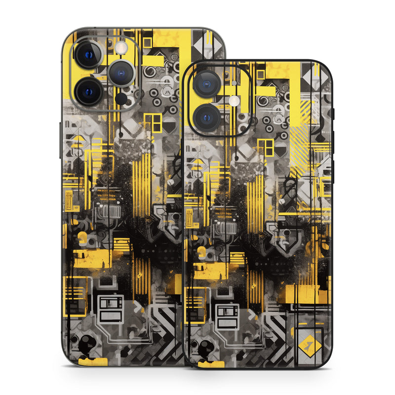 iPhone 12 Series Skin design of Rectangle, Yellow, Font, Art, City, Engineering, Tints and shades, Pattern, Symmetry, Space, with black, white, gray, yellow colors