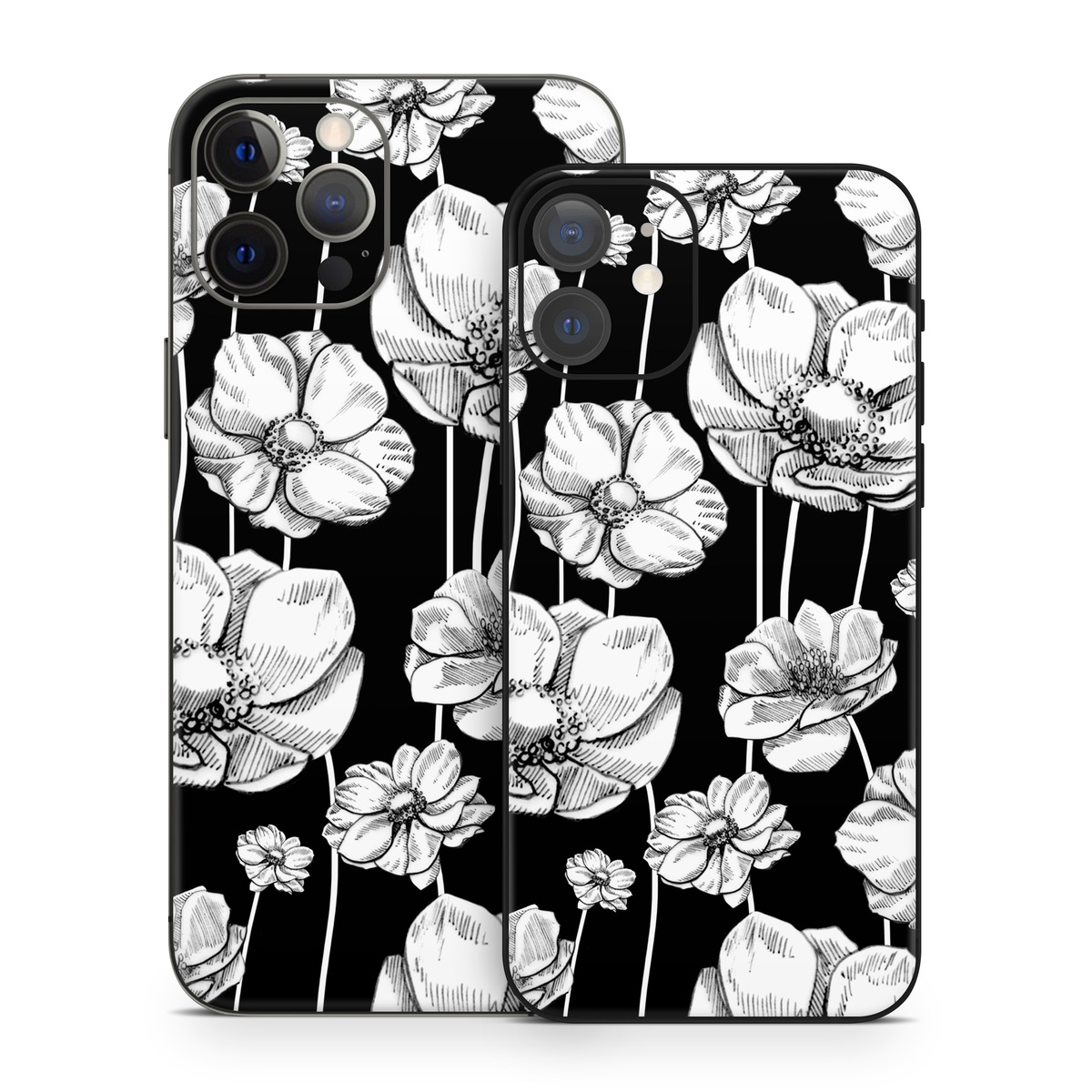 iPhone 12 Series Skin design of Flower, Black-and-white, Plant, Botany, Petal, Design, Wildflower, Monochrome photography, Pattern, Monochrome, with black, gray, white colors