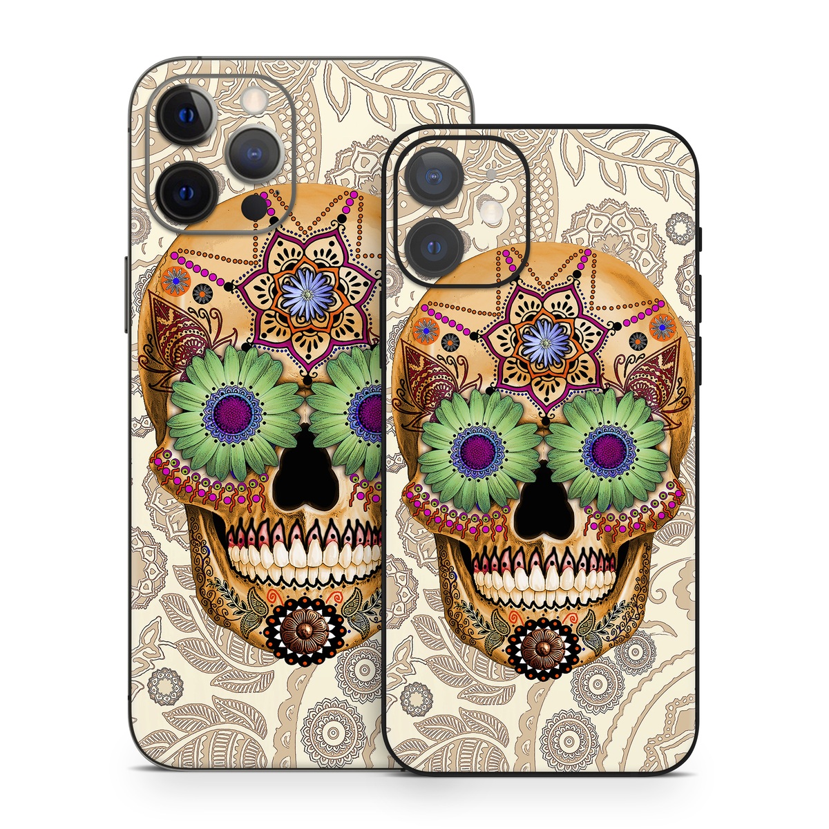 iPhone 12 Series Skin design of Skull, Bone, Pattern, Design, Illustration, Visual arts, Fashion accessory, Art, with gray, yellow, green, black, red, pink colors