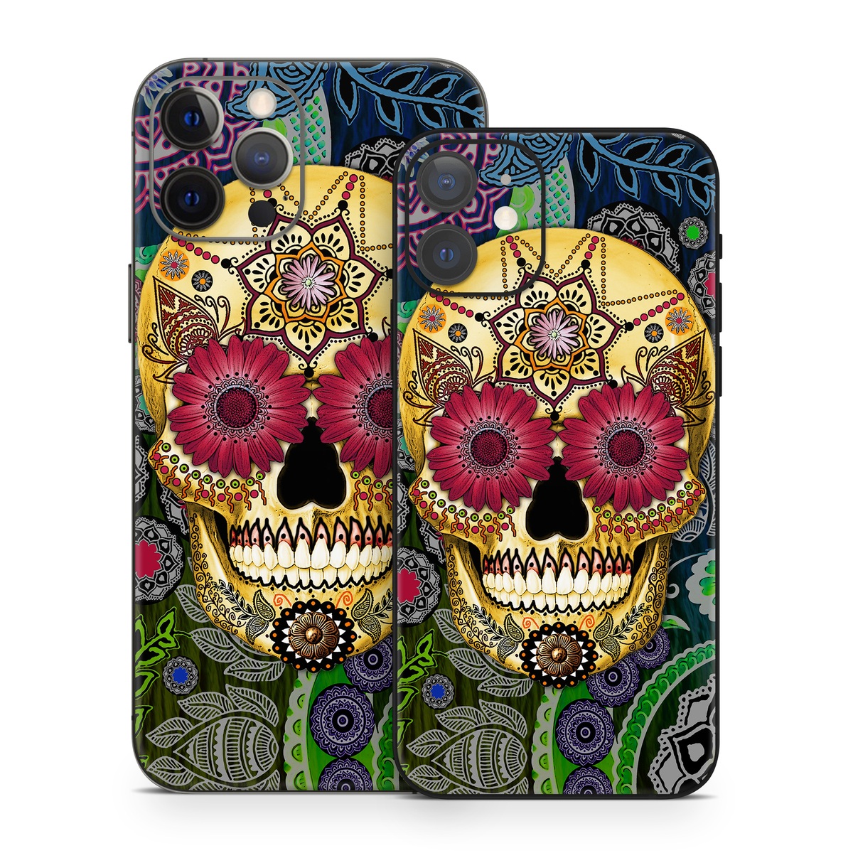 iPhone 12 Series Skin design of Skull, Bone, Pattern, Psychedelic art, Visual arts, Design, Illustration, Art, Textile, Plant, with black, red, gray, green, blue colors