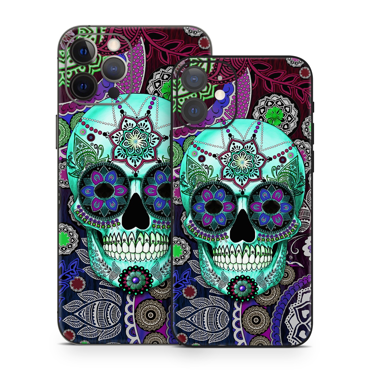 iPhone 12 Series Skin design of Psychedelic art, Pattern, Skull, Purple, Bone, Violet, Design, Visual arts, Art, Magenta, with blue, green, purple, red, green, pink colors