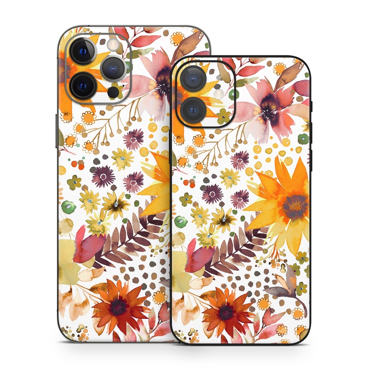 iPhone 12 Series Skin design of Flower, Plant, Petal, Botany, Textile, Orange, Line, Groundcover, Creative arts, Flowering plant, with white, yellow, pink, green, brown, orange colors