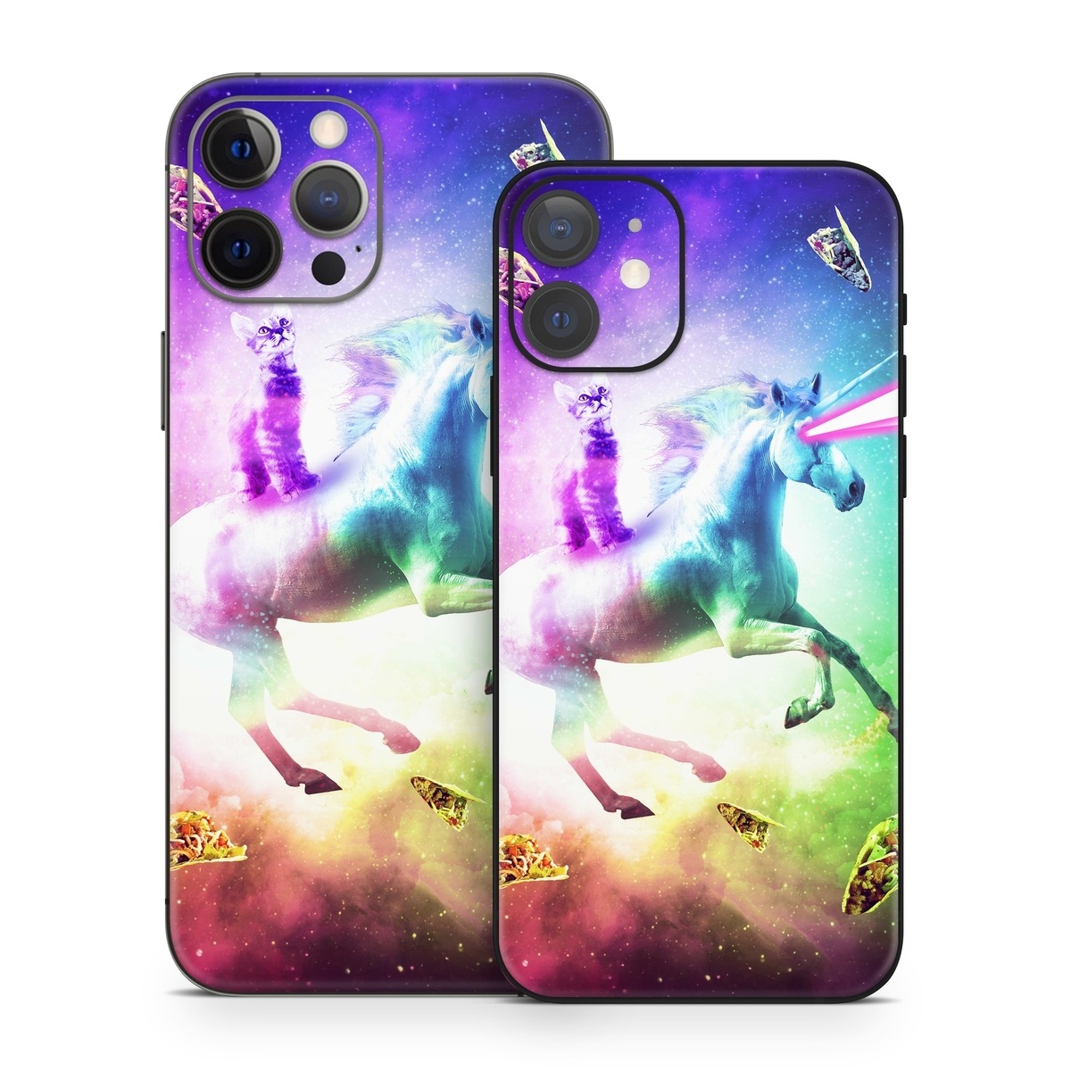 iPhone 12 Series Skin design of Fictional character, Illustration, Unicorn, Graphic design, Sky, Space, Mythical creature, Cg artwork, Art, Mythology, with black, white, blue, green, purple, pink, red colors