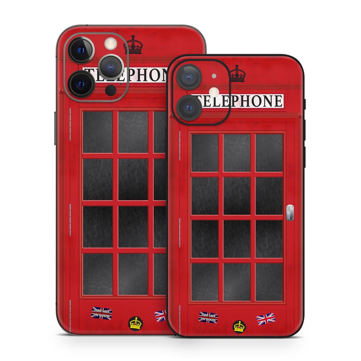 iPhone 12 Series Skin design of Red, Font, Building, Telephone Booth, Facade, with red, black, gray, white, blue, yellow colors