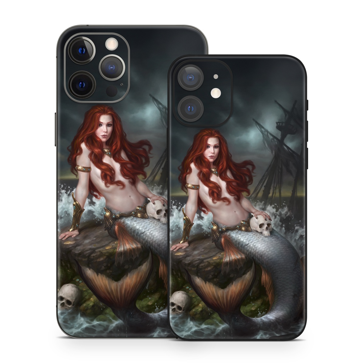 iPhone 12 Series Skin design of Mermaid, Cg artwork, Illustration, Fictional character, Mythology, Mythical creature, Art, Long hair, Woman warrior, Sitting, with black, brown, red, yellow, white, gray colors