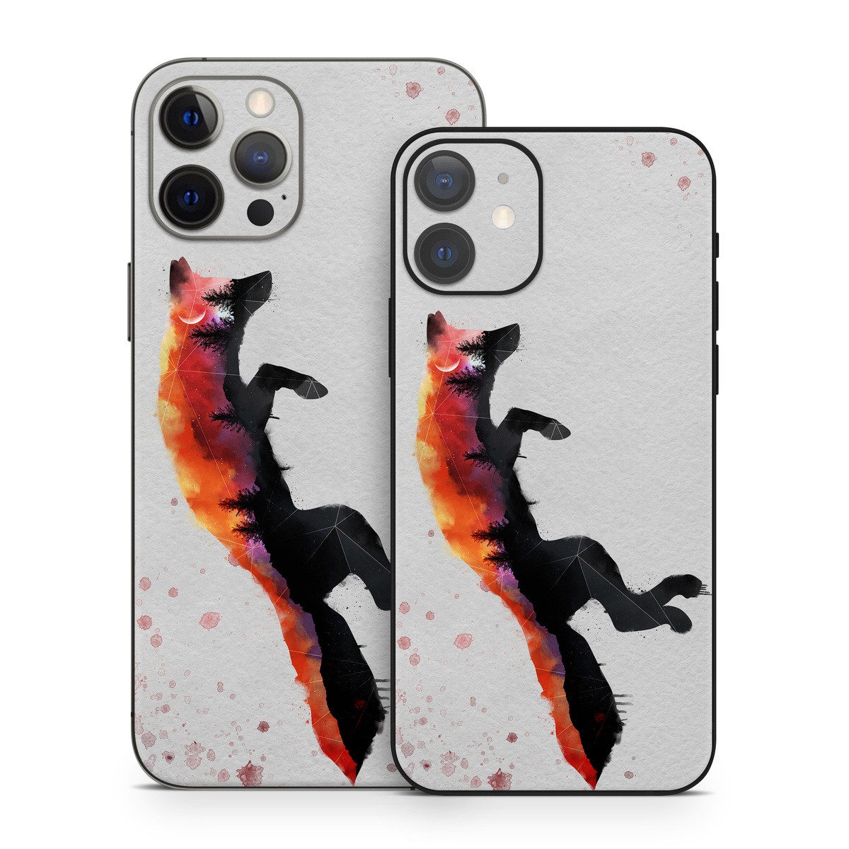 iPhone 12 Series Skin design of Illustration, Watercolor paint, Art, Graphic design, Painting, Red fox, Visual arts, Paint, Drawing, Tail, with gray, black, red, yellow, orange, white colors