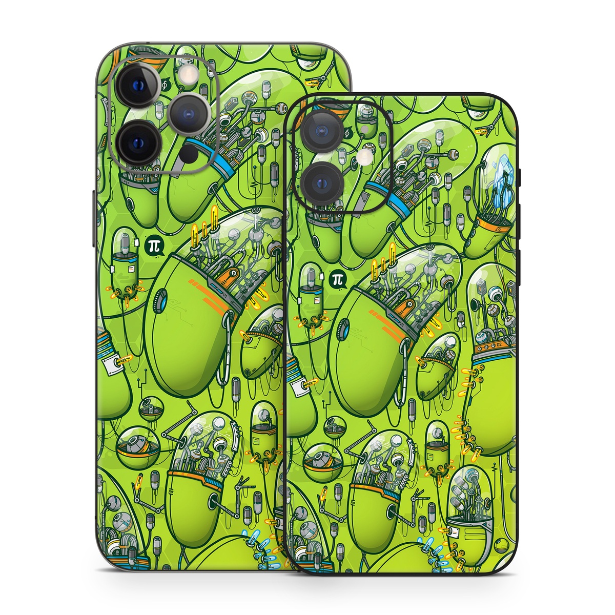 iPhone 12 Series Skin design of Green, Pattern, Yellow, Design, Illustration, Plant, Art, Graphic design, Urban design, with green, blue, gray, yellow, orange colors