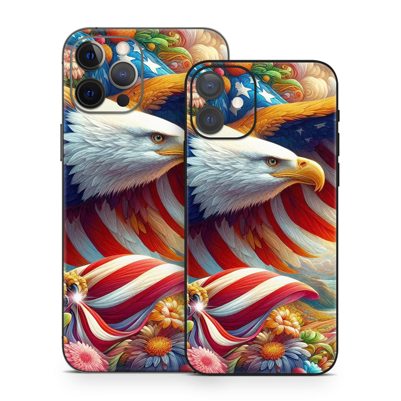 iPhone 12 Series Skin design of Bird, Accipitridae, Beak, Wing, Bald eagle, Bird of prey, Eagle, Flag of the United States, Accipitriformes, Painting, with red, blue, white, yellow, orange, brown, green, gray colors