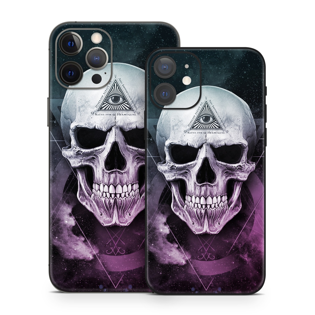 iPhone 12 Skin design of Skull, Bone, Illustration, Font, Jaw, Fictional character, Graphic design, Graphics, Art, with black, white, gray, purple colors