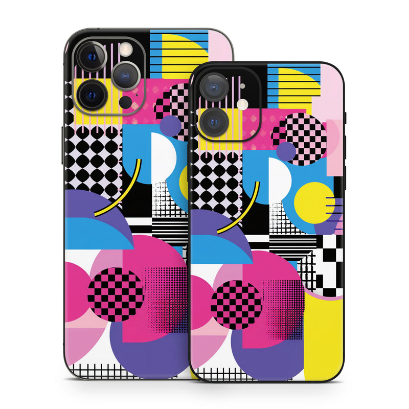 iPhone 12 Series Skin design of Rectangle, Textile, Art, Font, Line, Material property, Magenta, Pattern, Circle, Tints and shades, with pink, yellow, white, black, purple, blue colors
