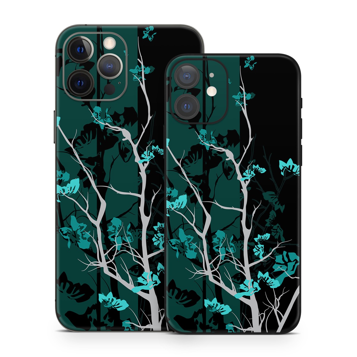 iPhone 12 Series Skin design of Branch, Black, Blue, Green, Turquoise, Teal, Tree, Plant, Graphic design, Twig, with black, blue, gray colors