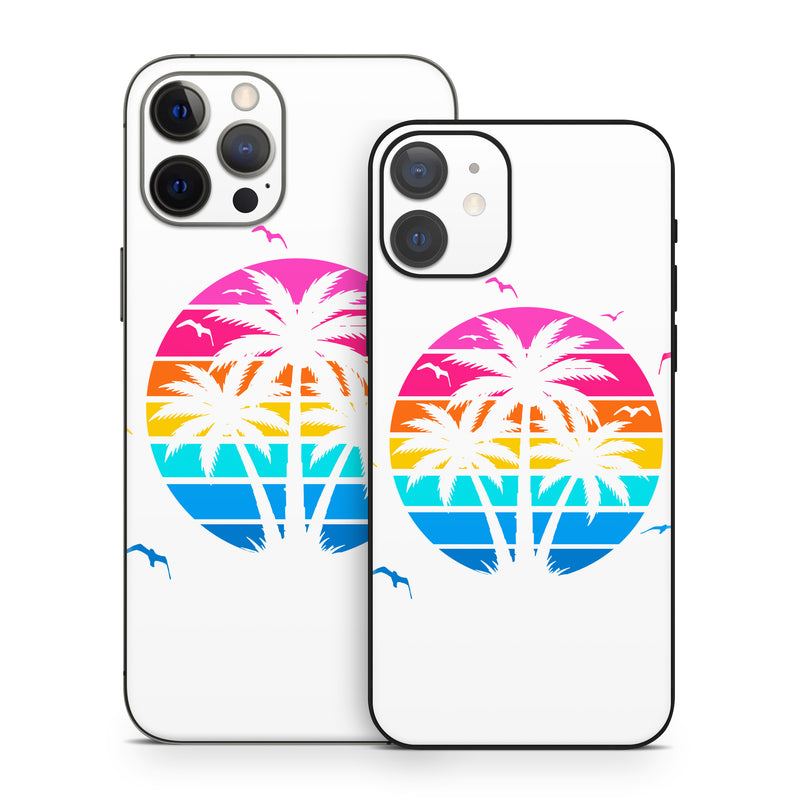 iPhone 12 Series Skin design of Palm trees, Graphics, Clip art, Graphic design, with white, pink, orange, yellow, blue colors