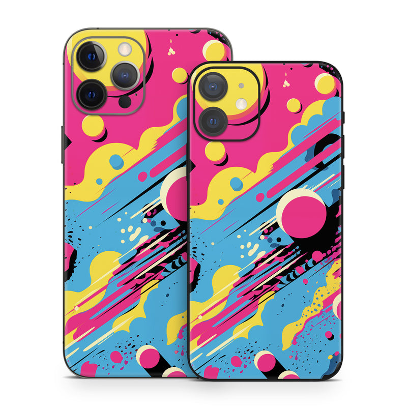 iPhone 12 Series Skin design of Colorfulness, Paint, Art, Font, Line, Material property, Magenta, Pattern, Illustration, Circle, with pink, yellow, blue, black, white colors