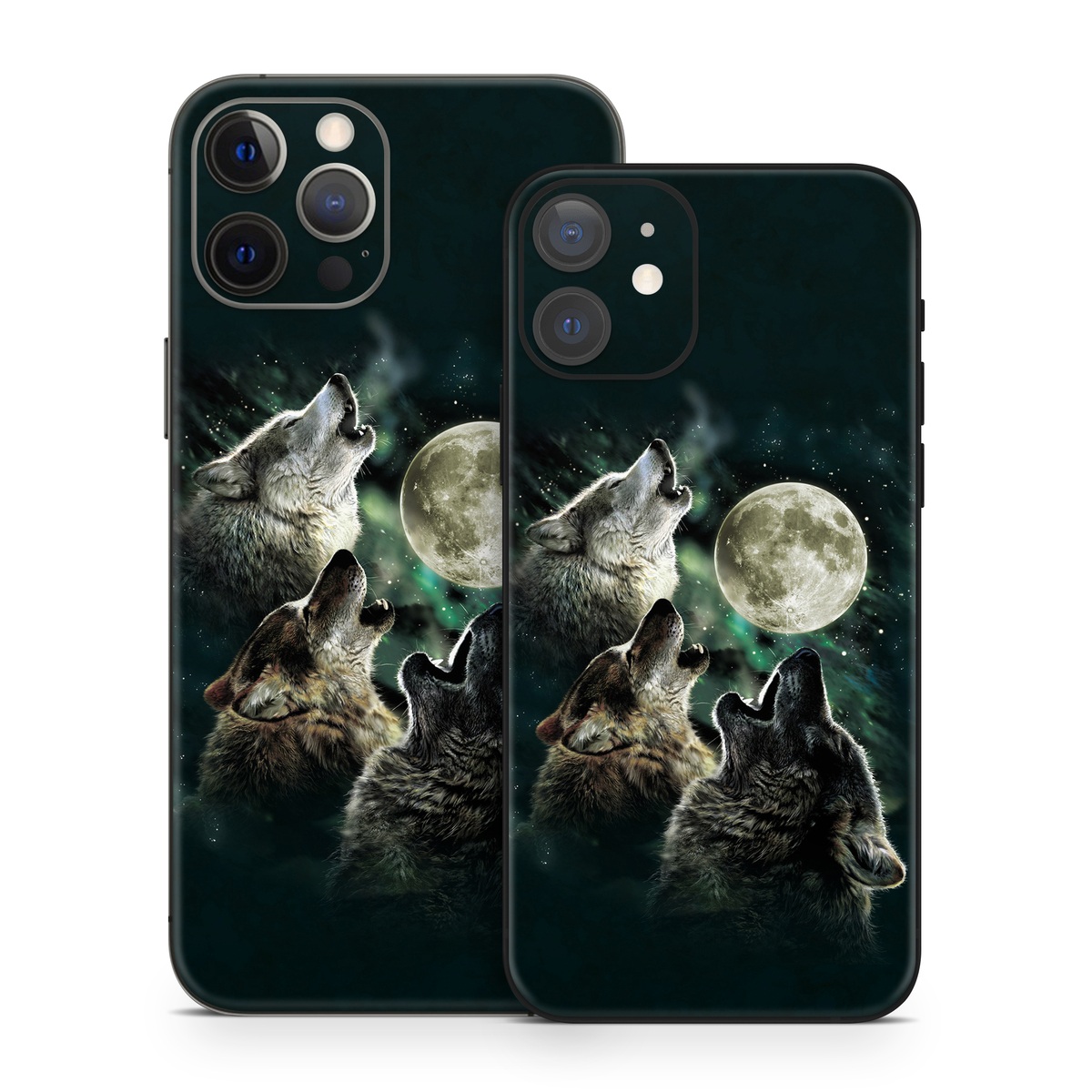 iPhone 12 Series Skin design of Wolf, Light, Astronomical object, Moon, Wildlife, Organism, Moonlight, Sky, Atmosphere, Celestial event, with black, gray, green colors
