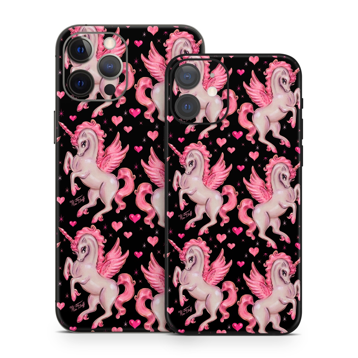 iPhone 12 Series Skin design of Pink, Pattern, Fictional character, Design, Illustration, Font, Unicorn, Graphic design, Mythical creature, Art, with black, pink colors