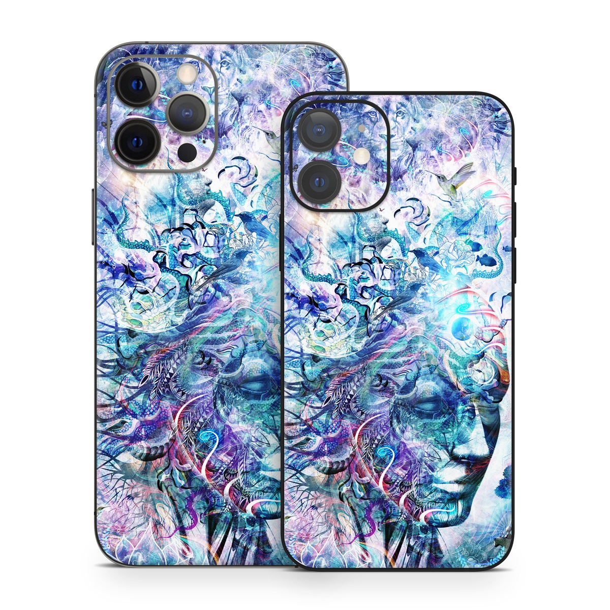 iPhone 12 Series Skin design of Psychedelic art, Water, Fractal art, Art, Pattern, Graphic design, Design, Illustration, Electric blue, Visual arts, with blue, purple, green, red, gray, white colors