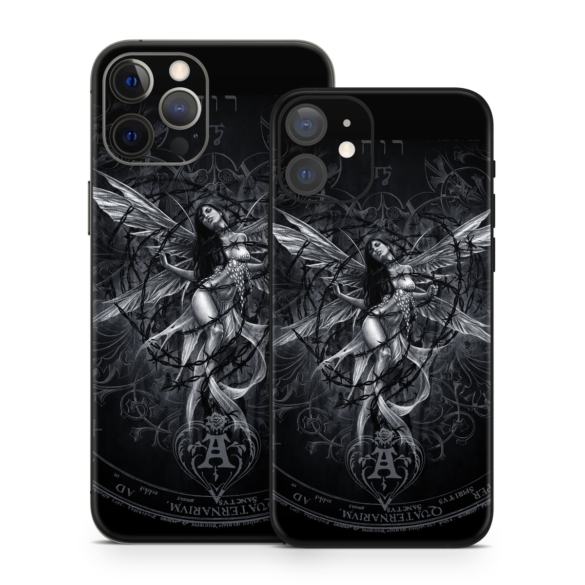 iPhone 12 Skin design of Illustration, Graphic design, Darkness, Fictional character, Black-and-white, Pattern, Graphics, Mythical creature, Circle, Wing, with black, white colors