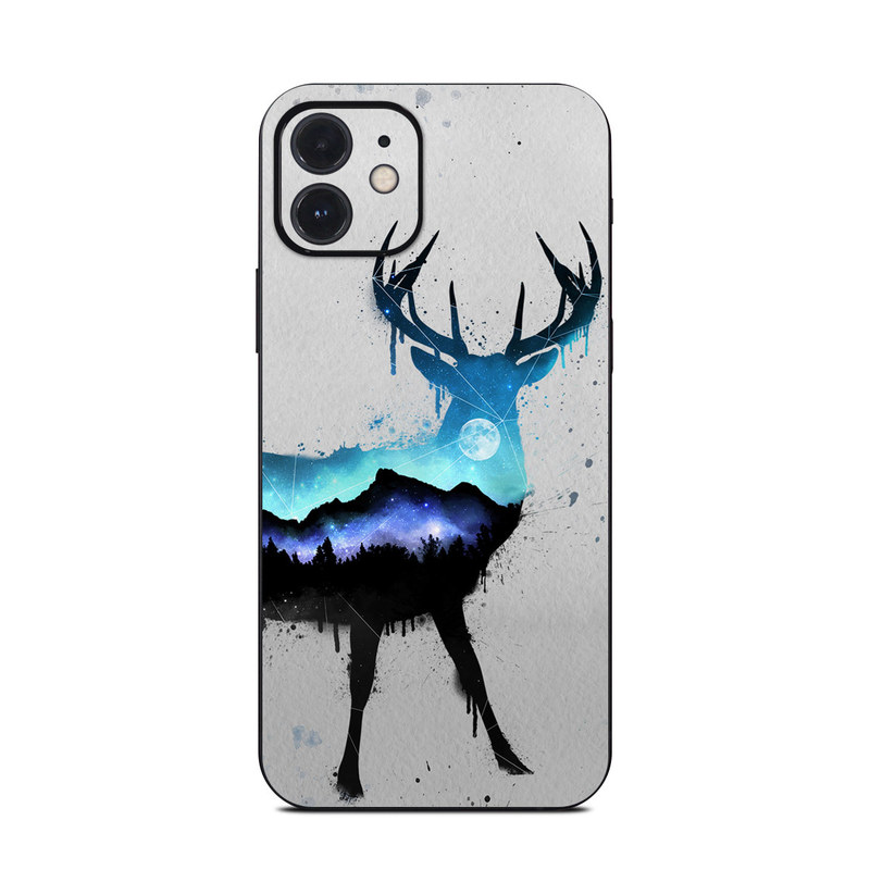 iPhone 12 Series Skin design of Reindeer, Deer, Illustration, Watercolor paint, Art, Elk, Wildlife, Drawing, Paint, Graphics, with gray, black, blue, purple, white colors