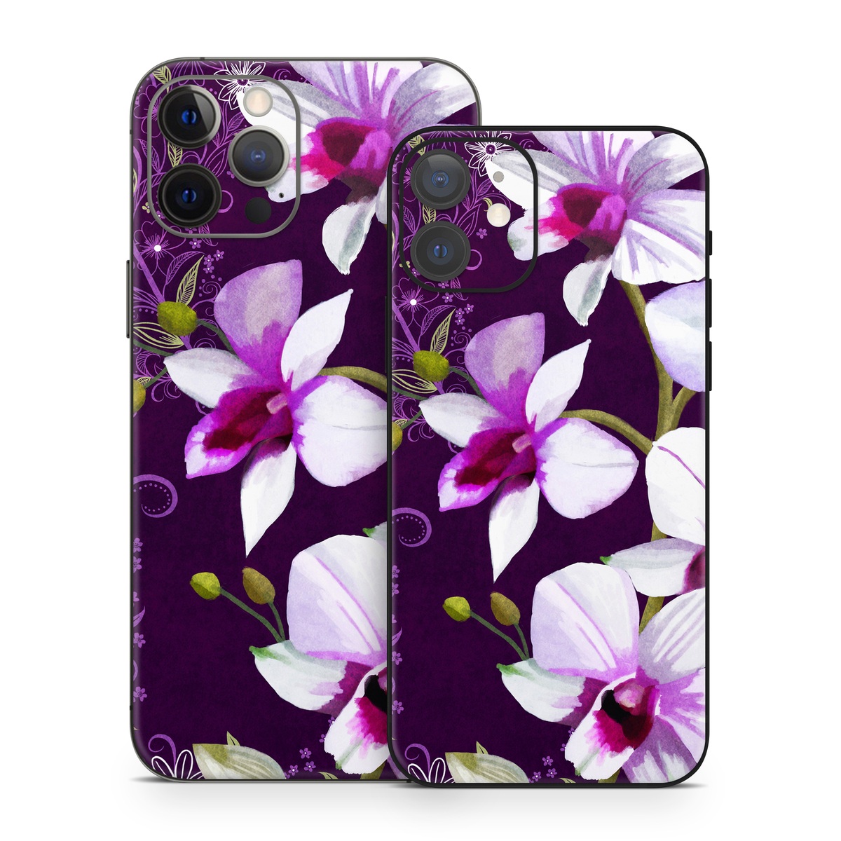 iPhone 12 Series Skin design of Flower, Purple, Petal, Violet, Lilac, Plant, Flowering plant, cooktown orchid, Botany, Wildflower, with black, gray, white, purple, pink colors