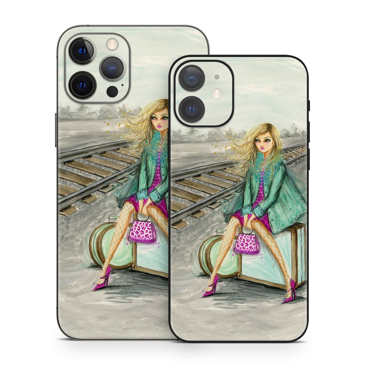 iPhone 12 Series Skin design of Fashion illustration, Pink, Illustration, Fashion, Watercolor paint, Art, Magenta, Fashion design, Sitting, Drawing, with gray, green, pink, white, yellow, purple, blue colors