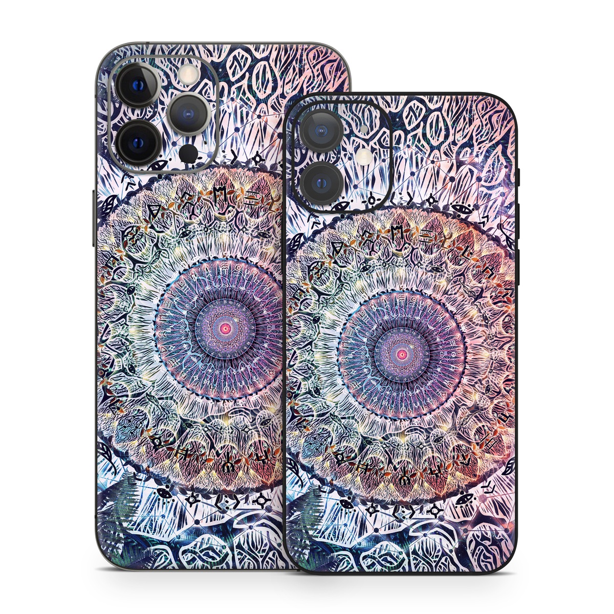 iPhone 12 Series Skin design of Tapestry, Pattern, Art, Close-up, Circle, Fractal art, Textile, Eye, Design, Kaleidoscope, with blue, red, yellow, purple, green colors