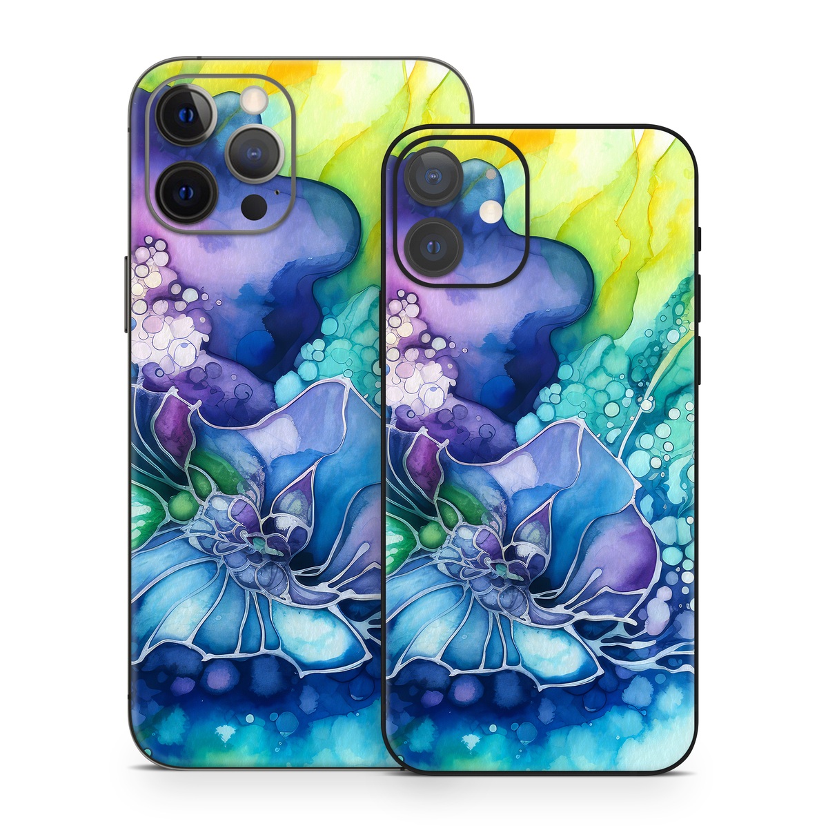 iPhone 12 Series Skin design of Flower, Plant, Art paint, Petal, Blue, Azure, Purple, Art, Paint, Painting, with blue, yellow, green, purple, white, orange colors