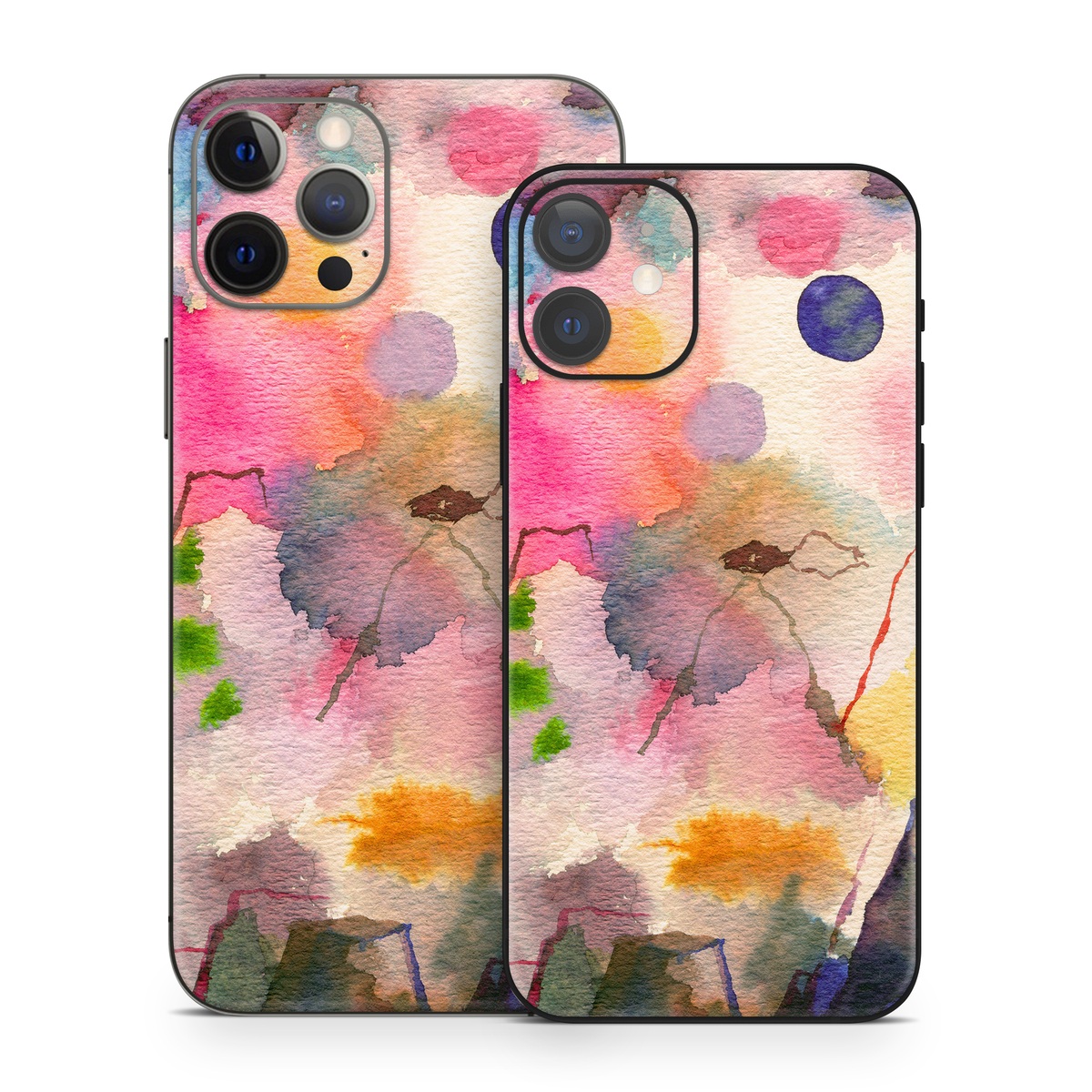 iPhone 12 Series Skin design of Watercolor paint, Flower, Textile, Painting, Art, Plant, Pattern, Visual arts, Floral design, Paint, with white, pink, red, yellow, green, blue, black, orange colors