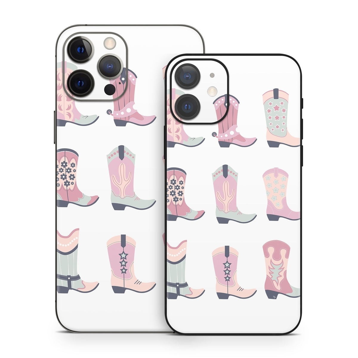 iPhone 12 Series Skin design of Footwear, Shoe, White, Durango boot, Product, Fashion, Textile, Pink, Font, Red, with pink, white, blue, brown colors