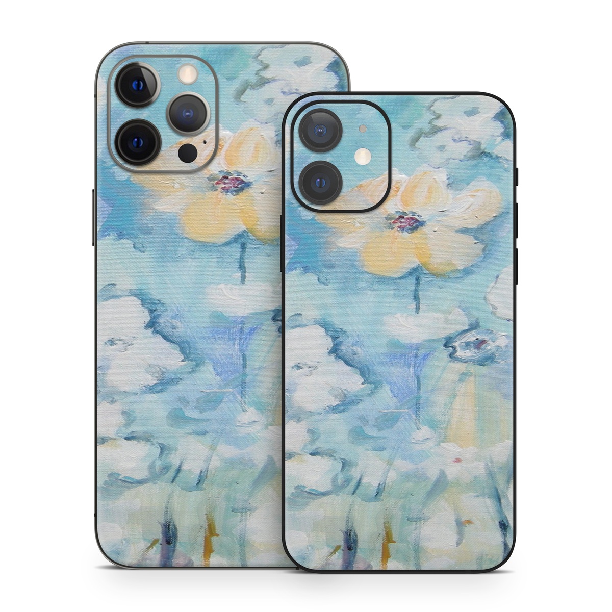 iPhone 12 Series Skin design of Blue, Watercolor paint, Painting, Flower, Plant, Art, Acrylic paint, Wildflower, Visual arts, Floral design, with gray, blue colors