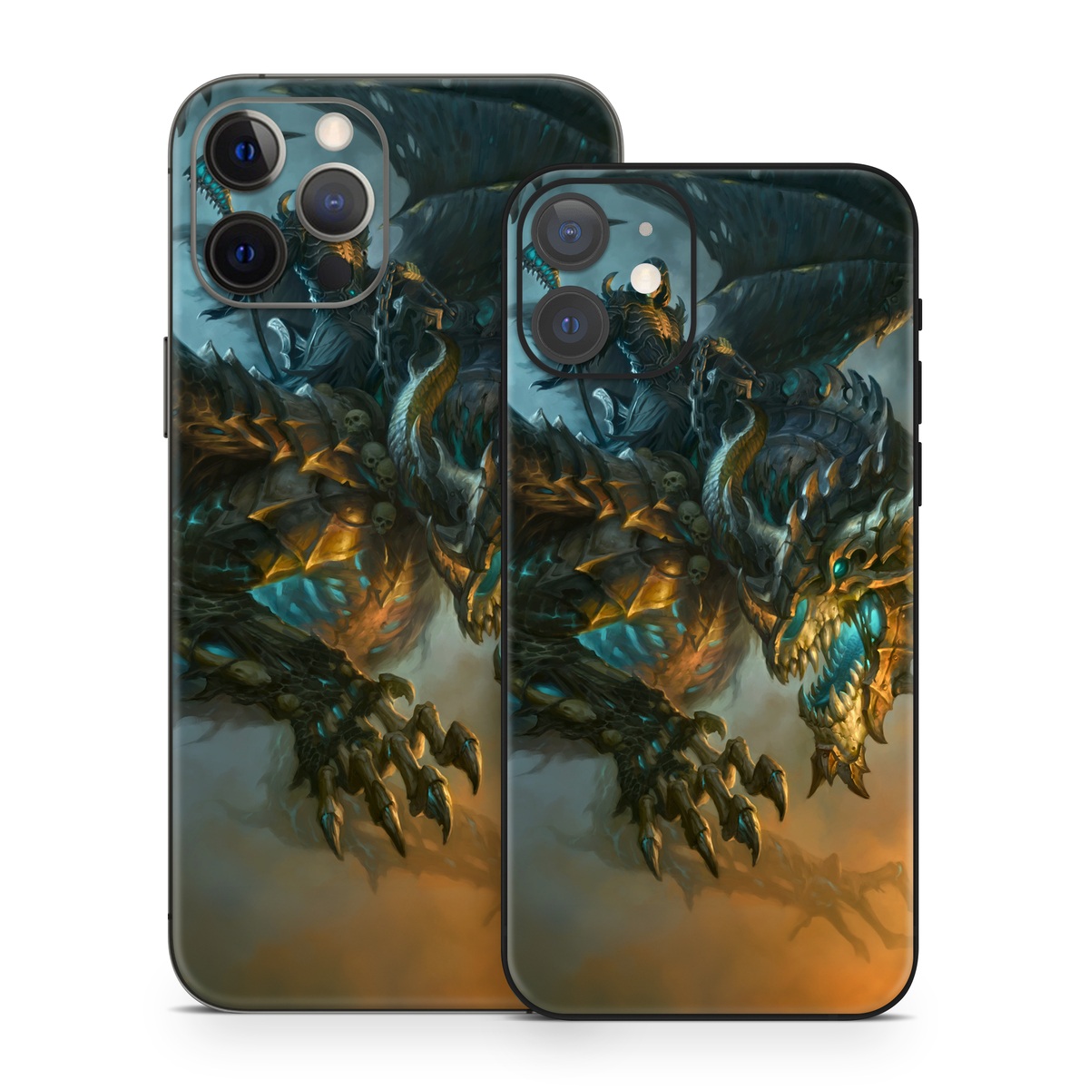 iPhone 12 Series Skin design of Dragon, Cg artwork, Fictional character, Mythical creature, Demon, Mythology, Illustration, Cryptid, Art, with orange, yellow, black, brown, blue, white colors