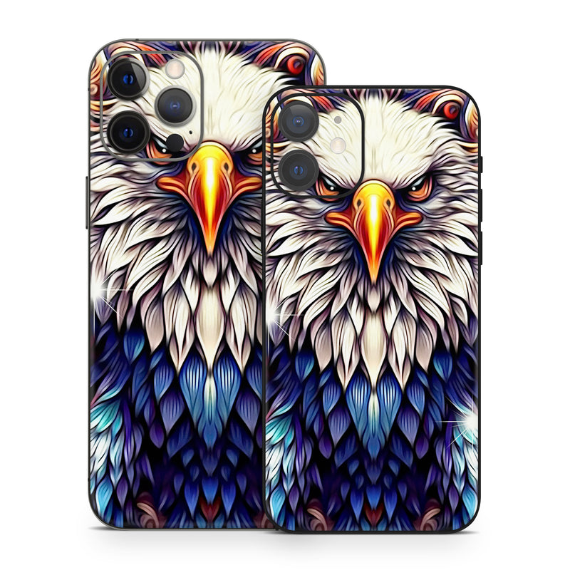 iPhone 12 Series Skin design of Accipitridae, Bird of prey, Eagle, Wing, Beak, Accipitriformes, Bird, Falconiformes, Bald eagle, Sea eagle, with red, blue, white, yellow, orange, brown, gray colors
