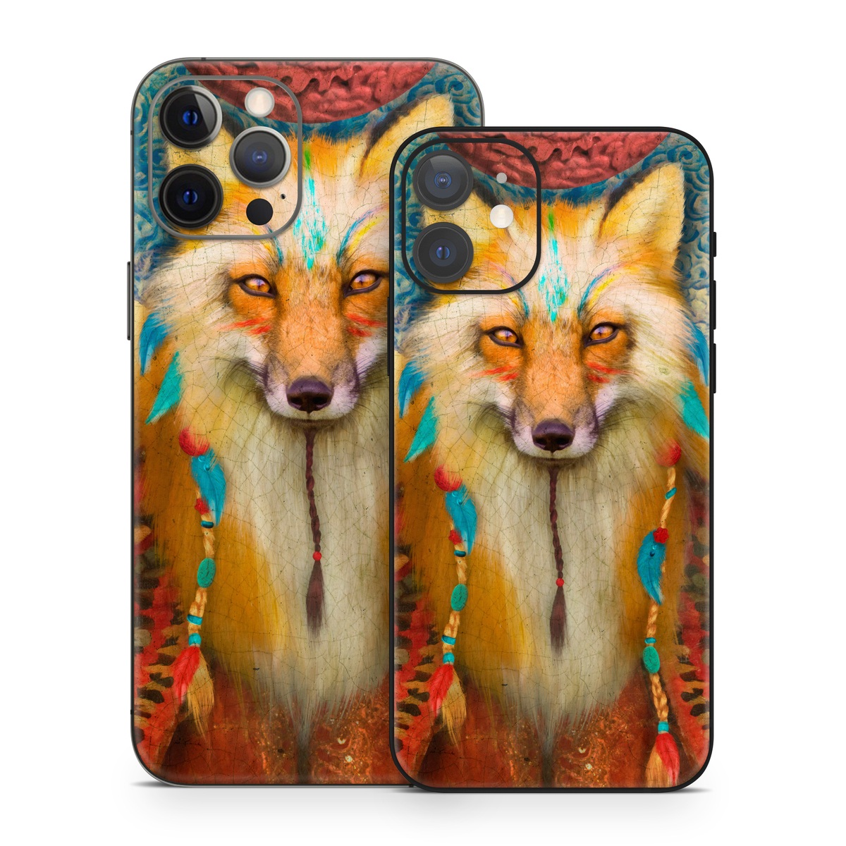 iPhone 12 Series Skin design of Red fox, Canidae, Fox, Wildlife, Swift fox, Carnivore, Jackal, Fur, Snout, Art, with red, black, gray, green, blue colors