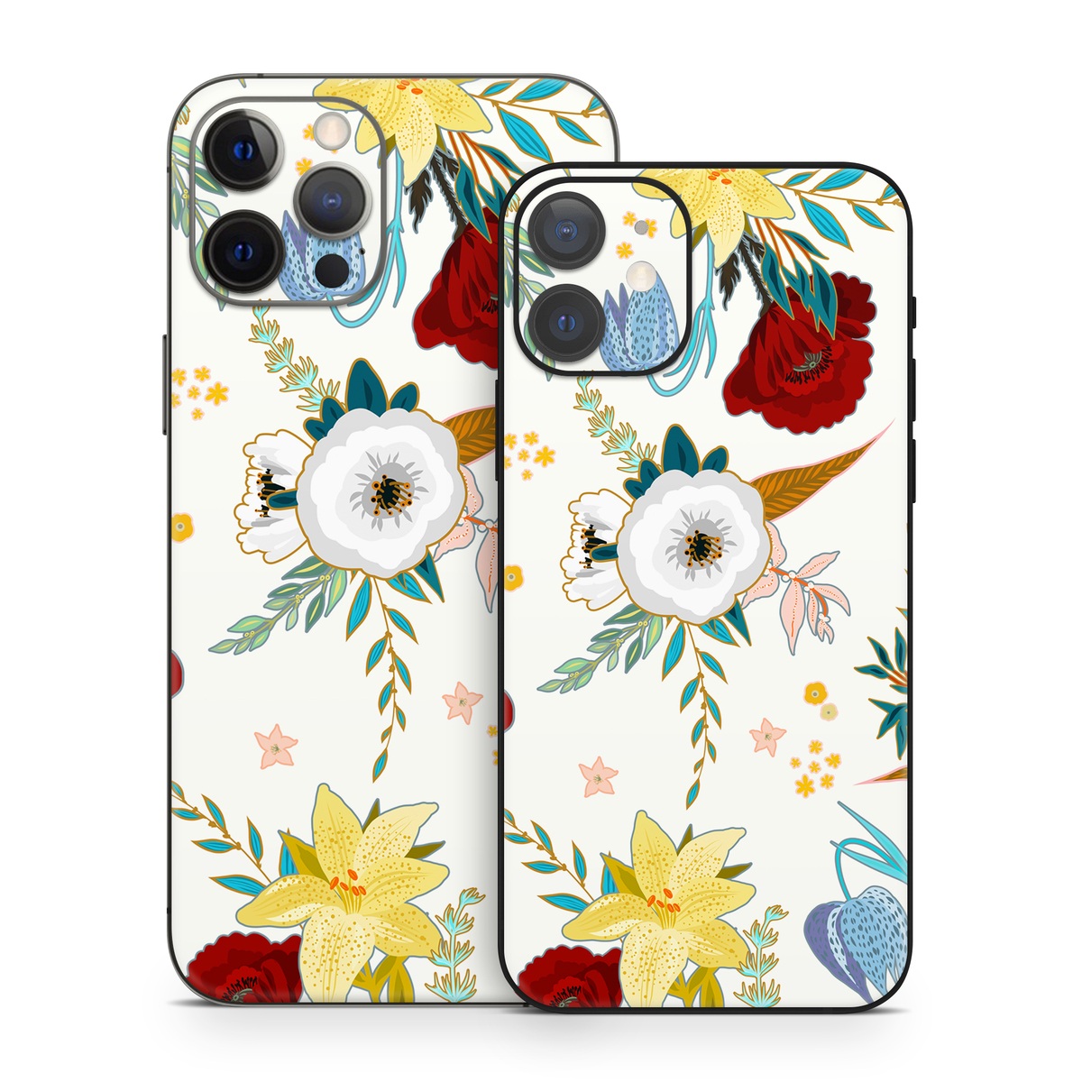 iPhone 12 Series Skin design of Floral design, Pattern, Wrapping paper, Botany, Design, Flower, Wallpaper, Plant, Clip art, Pedicel, with white, blue, red, yellow, pink, orange colors
