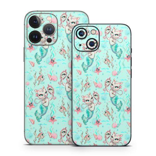 Merkittens with Pearls Aqua iPhone 13 Series Skin
