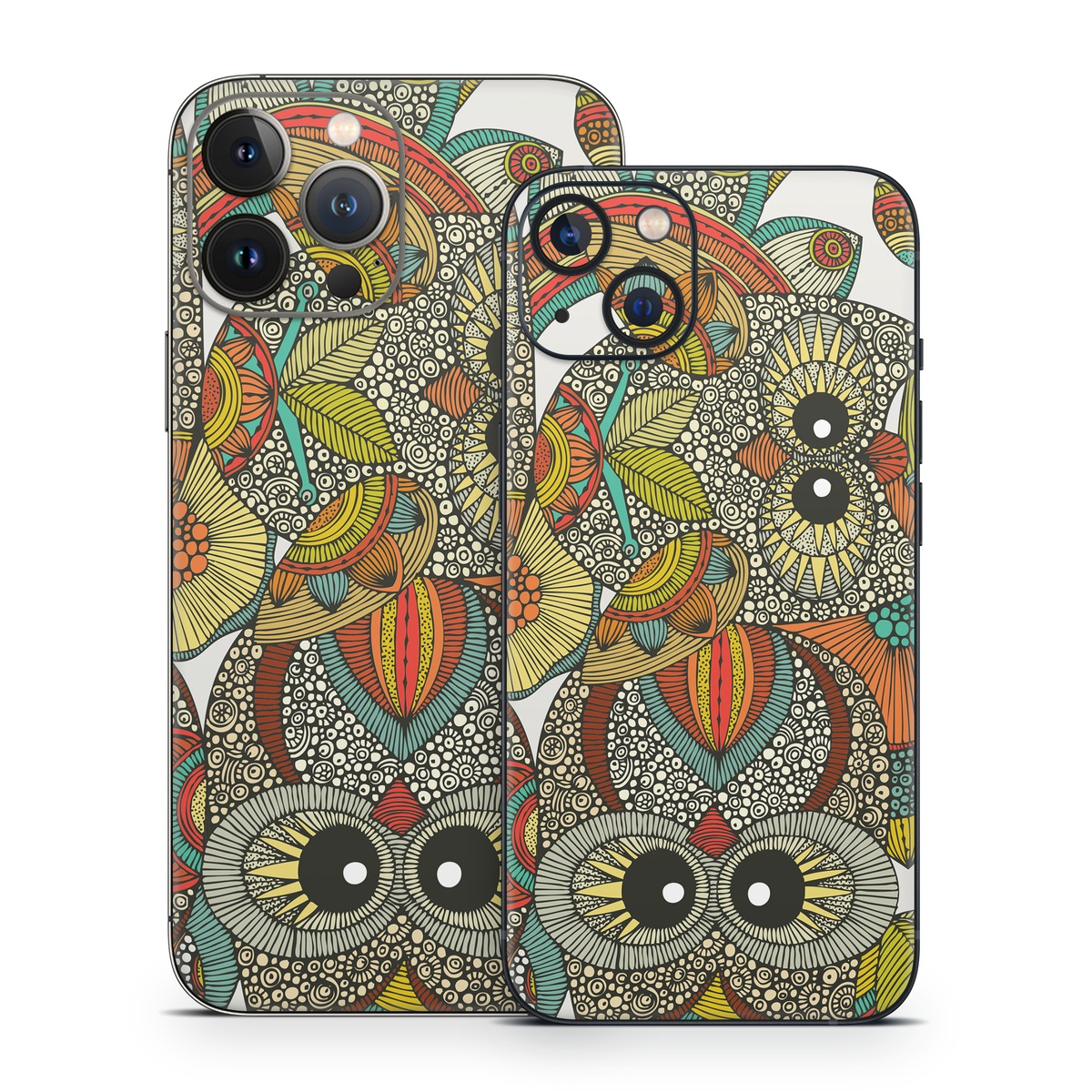 iPhone 13 Series Skin design of Owl, Pattern, Visual arts, Art, Design, Textile, Illustration, Motif, Bird, with white, green, orange, yellow, blue, red colors