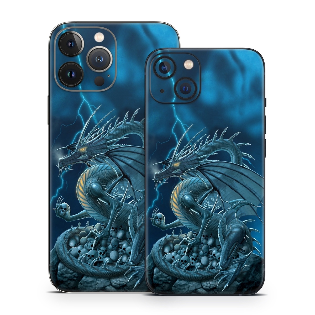 iPhone 13 Series Skin design of Cg artwork, Dragon, Mythology, Fictional character, Illustration, Mythical creature, Art, Demon, with blue, yellow colors