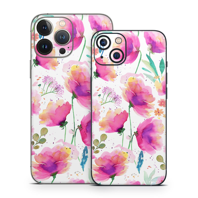 iPhone 13 Series Skin design of Pink, Watercolor painting, Art Paint, Creative arts, Paint, Floral design, Geraniums, with white, pink, purple, green, yellow, orange colors