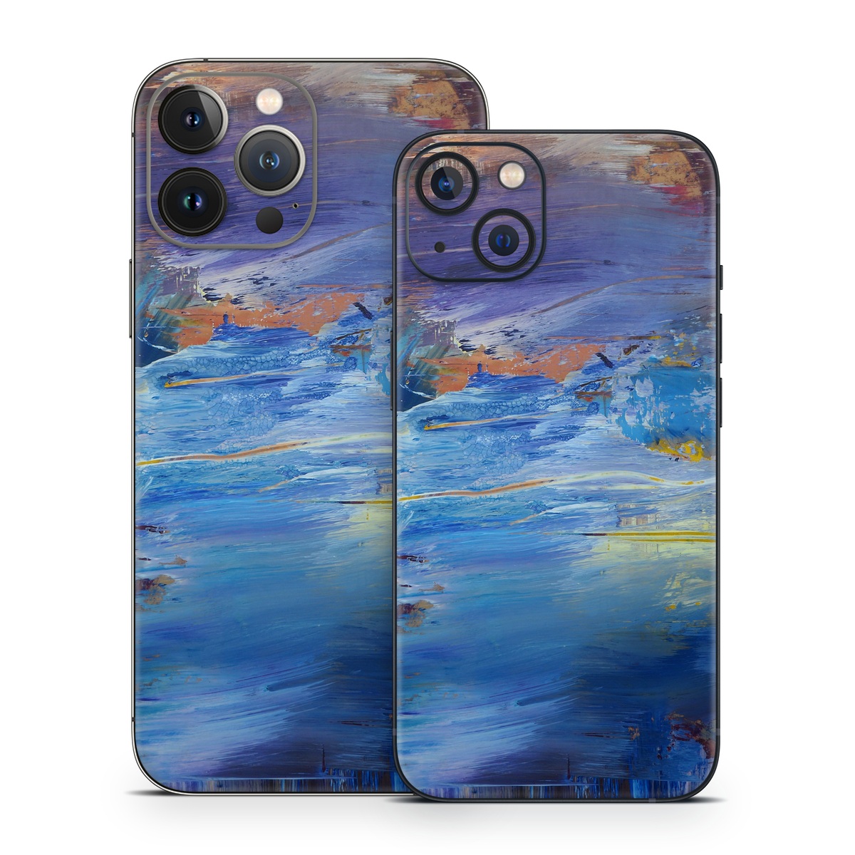 iPhone 13 Series Skin design of Painting, Blue, Modern art, Acrylic paint, Sky, Watercolor paint, Art, Visual arts, Paint, Electric blue, with blue, purple, yellow, brown, orange, black colors