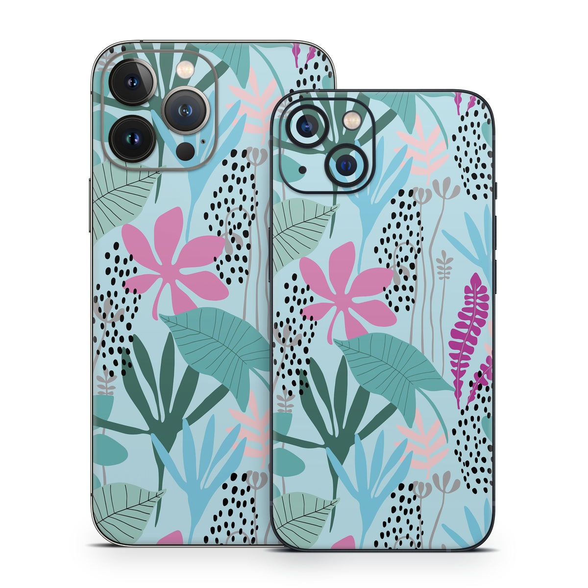 iPhone 13 Series Skin design of White, Leaf, Botany, Green, Textile, Branch, Organism, Plant, Font, Pink, with blue, green, pink, purple, black, gray colors