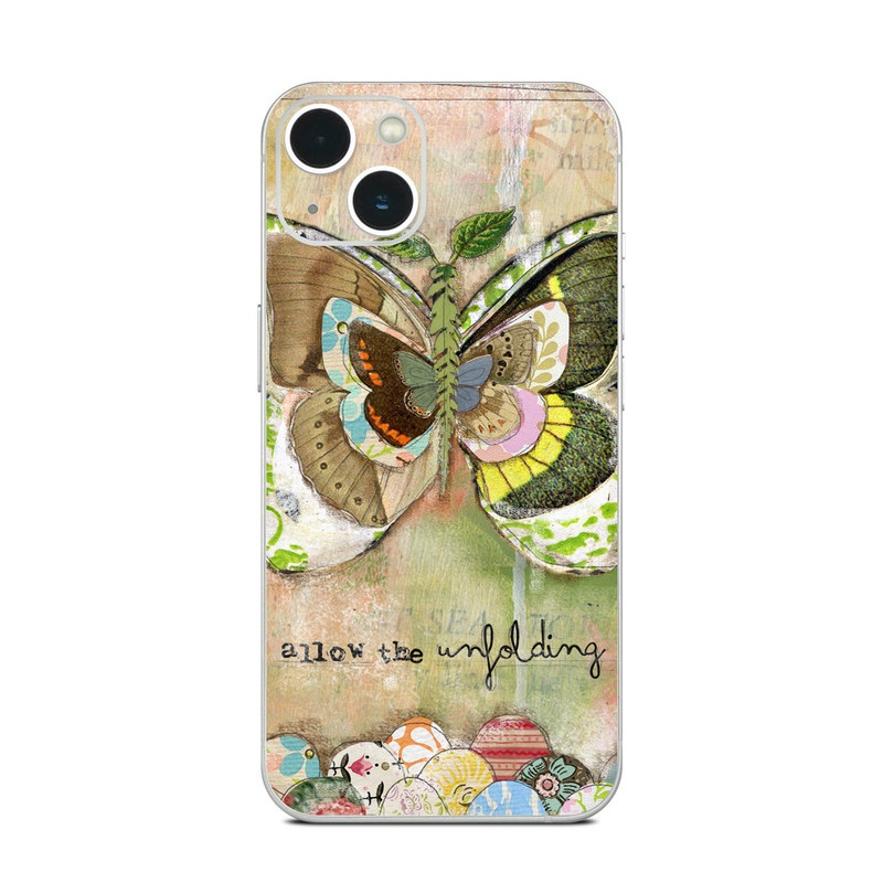 iPhone 13 Series Skin design of Butterfly, Art, Fictional character, Pollinator, Moths and butterflies, Watercolor paint, Illustration, with green, brown, yellow, blue, pink, red colors