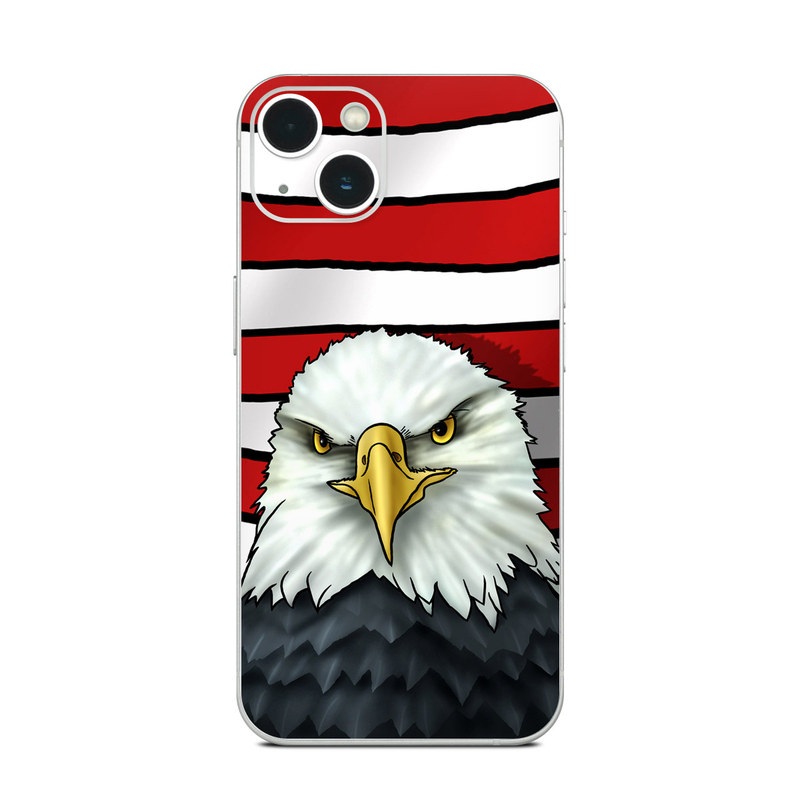 iPhone 13 Series Skin design of Bald eagle, Eagle, Bird, Bird of prey, Accipitridae, Beak, Accipitriformes, Sea eagle, Flag, with white, gray, blue, yellow, red colors