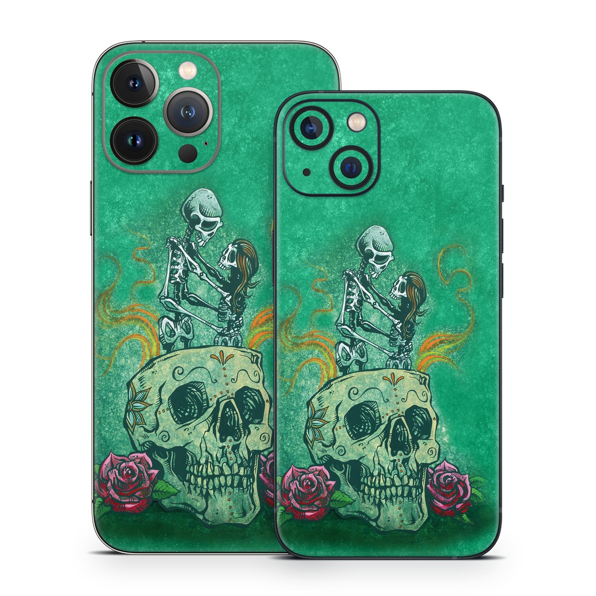 iPhone 13 Series Skin design of Bone, Skull, Aqua, Pattern, Electric blue, Fashion accessory, Font, Fictional character, Art, Grass, with green, pink, red, yellow, orange, white, gray colors